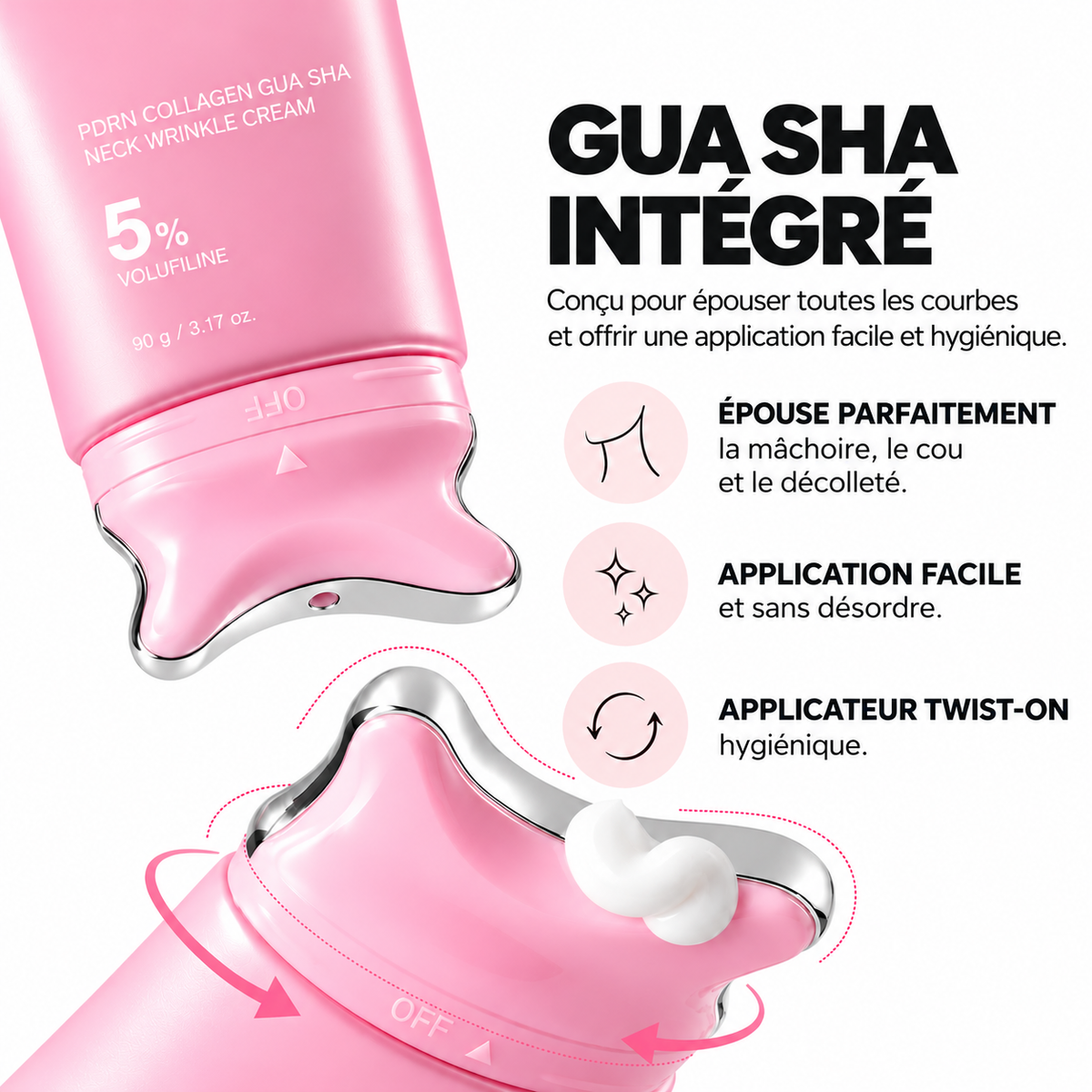 Applicateur gua sha intégré au tube SCULPTÉ : épouse la mâchoire, le cou et le décolleté, embout twist-on hygiénique